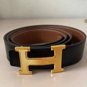 Men’s Hermes Reversible Leather Belt with Gold Plated Logo Buckle